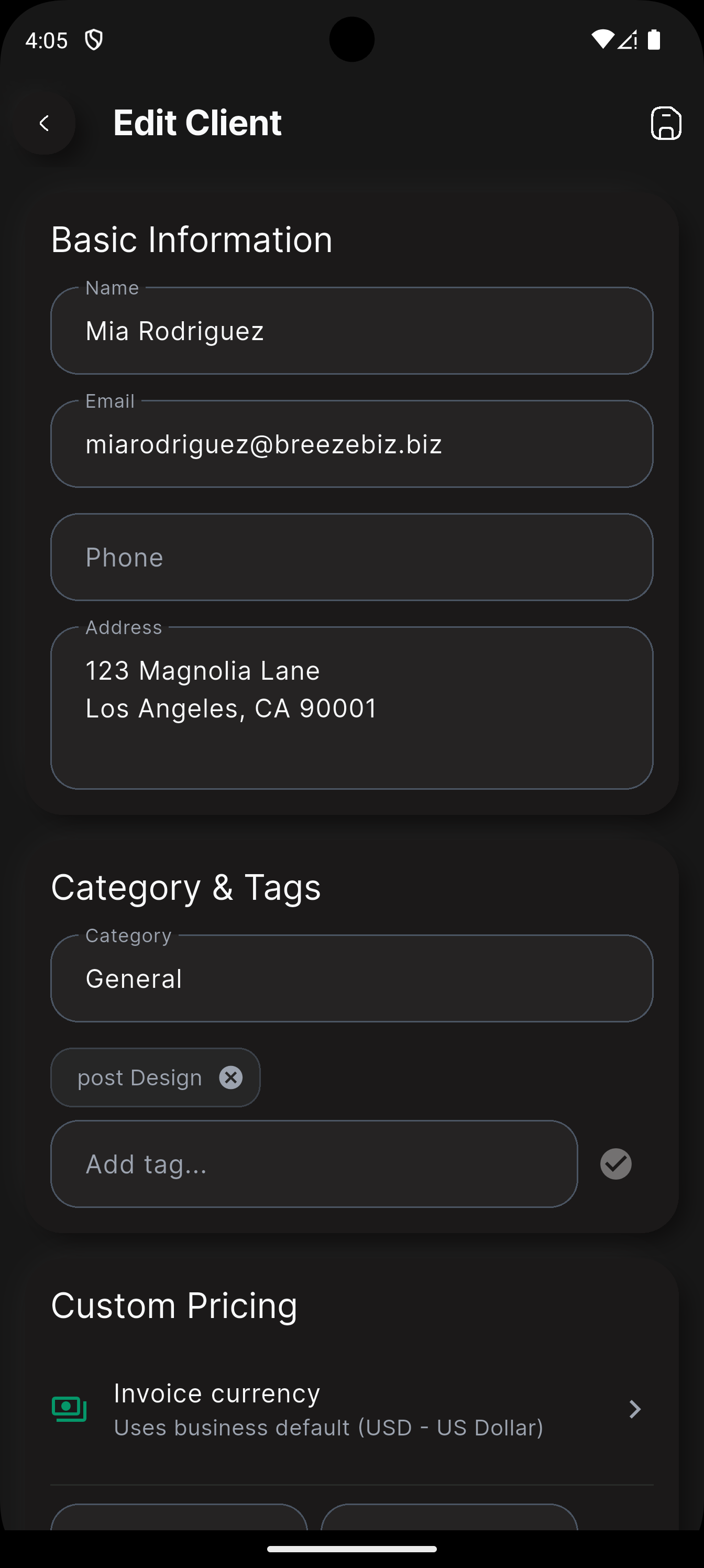 BreezeBiz PDF Export screen