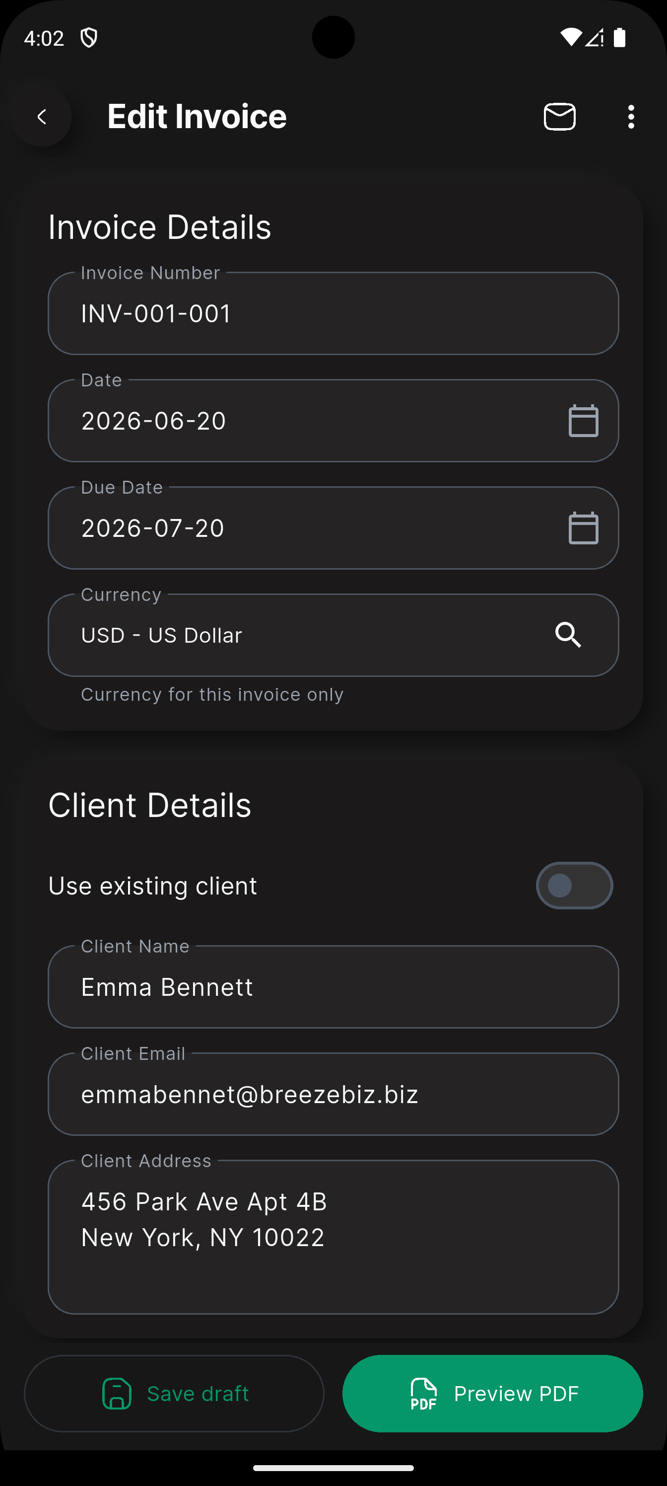 BreezeBiz - Create Invoice
