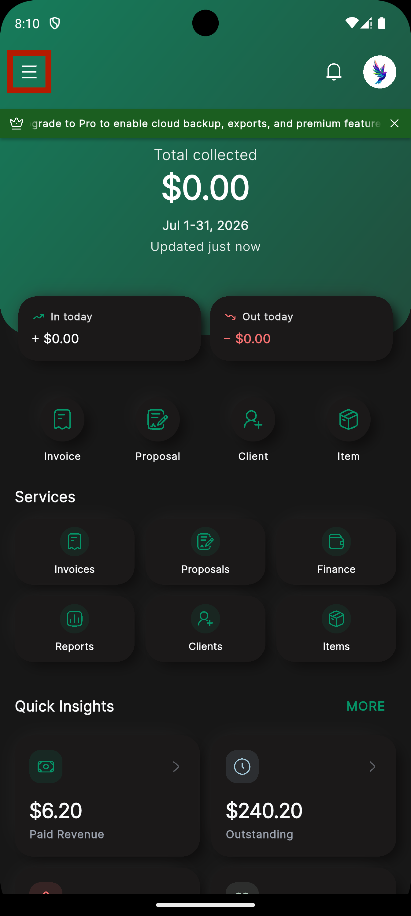 BreezeBiz dashboard with menu icon highlighted