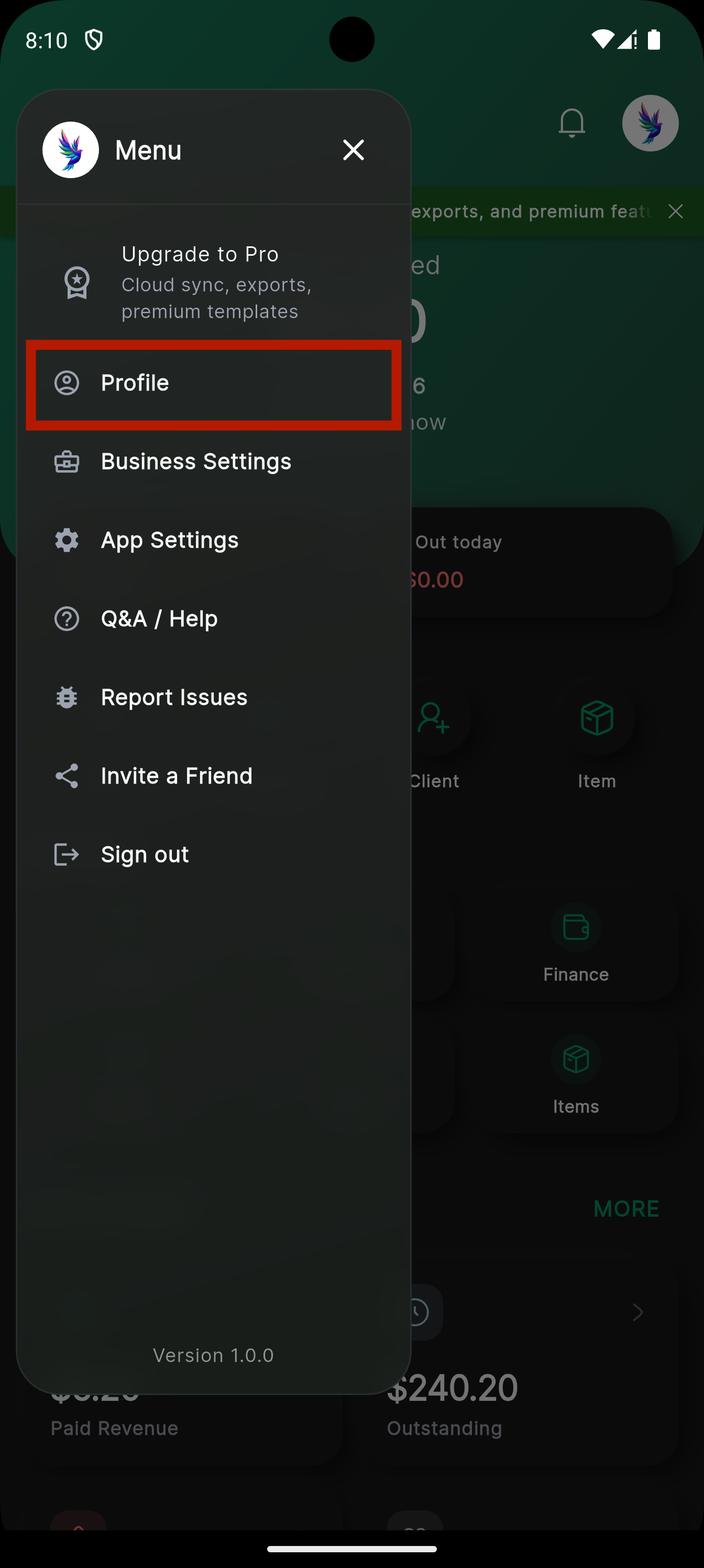 Side menu with Profile option highlighted
