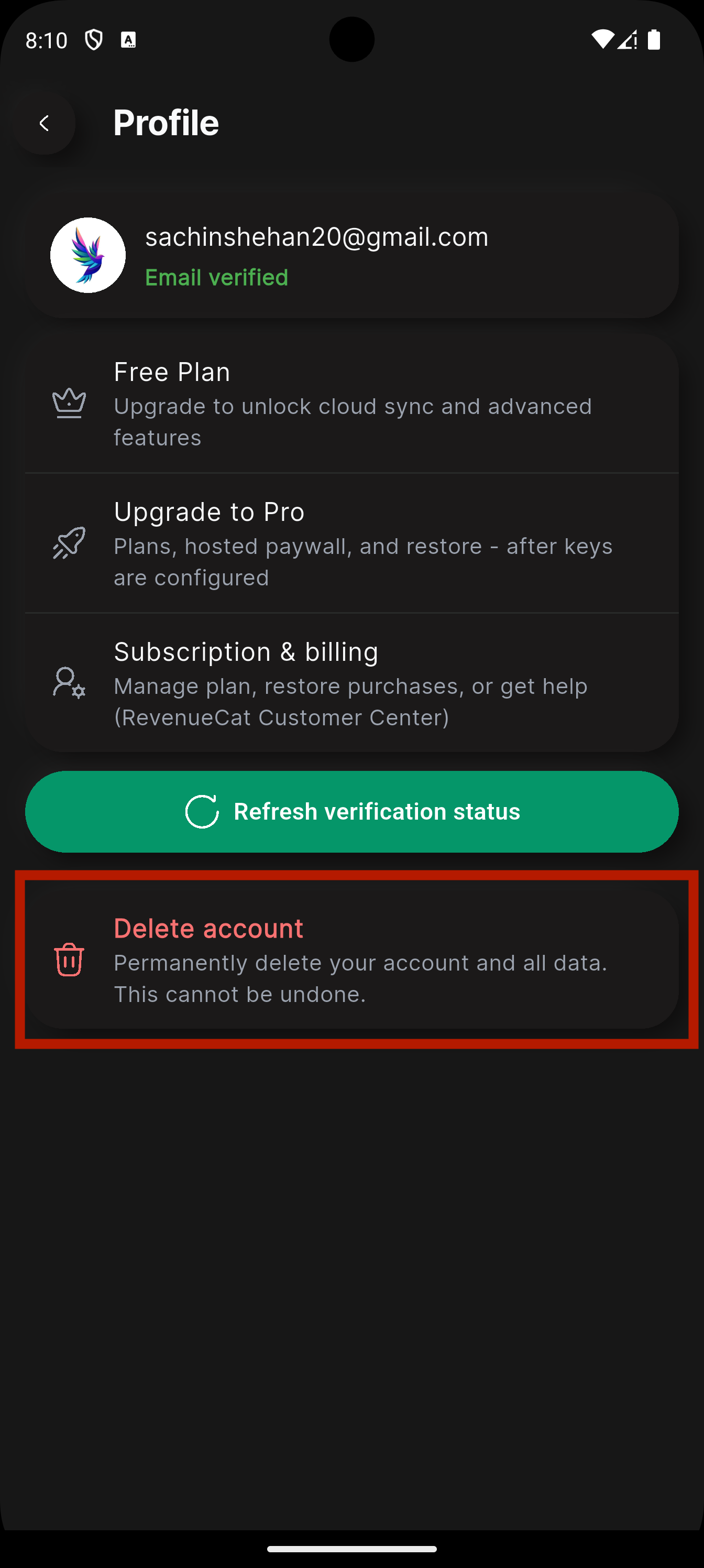 Profile page with Delete account option highlighted