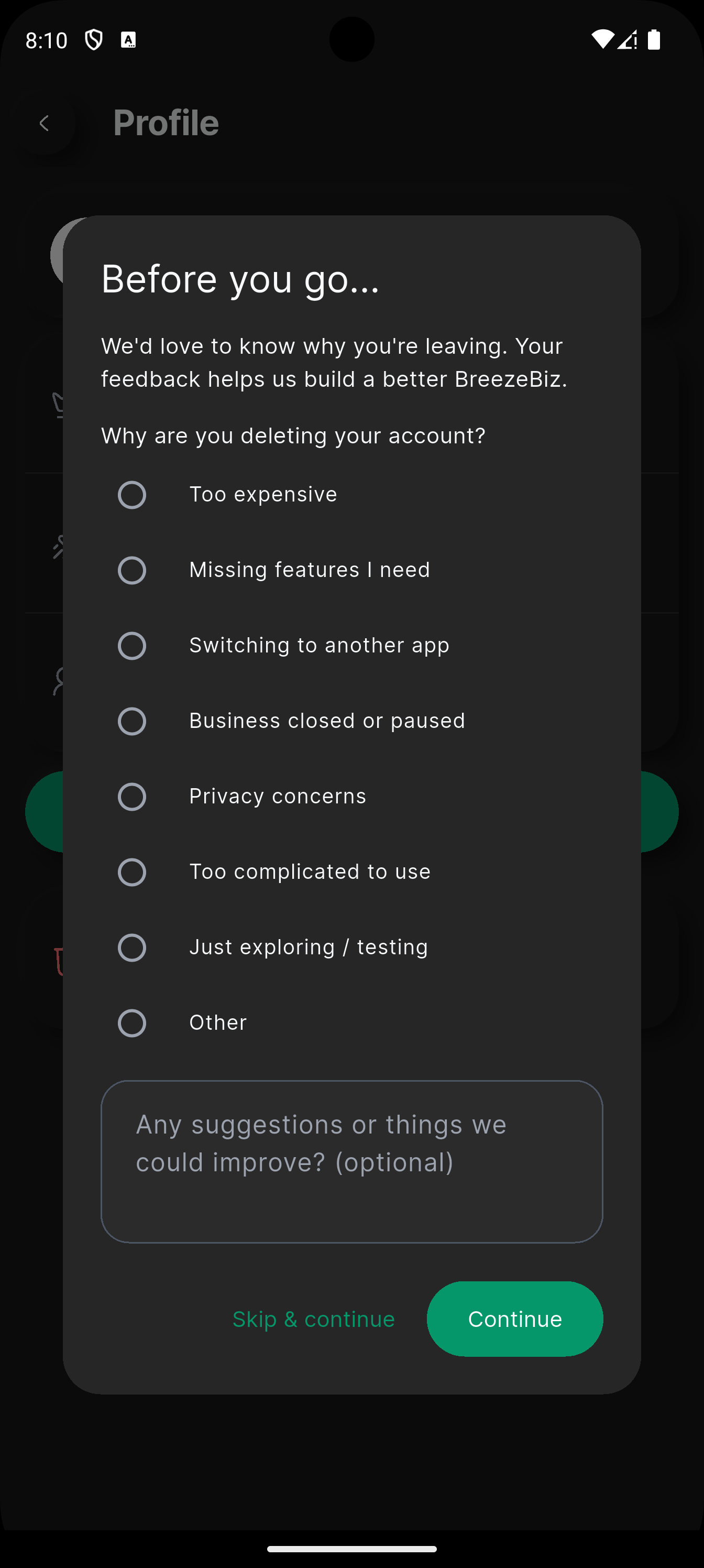 Before you go feedback dialog with reasons for leaving