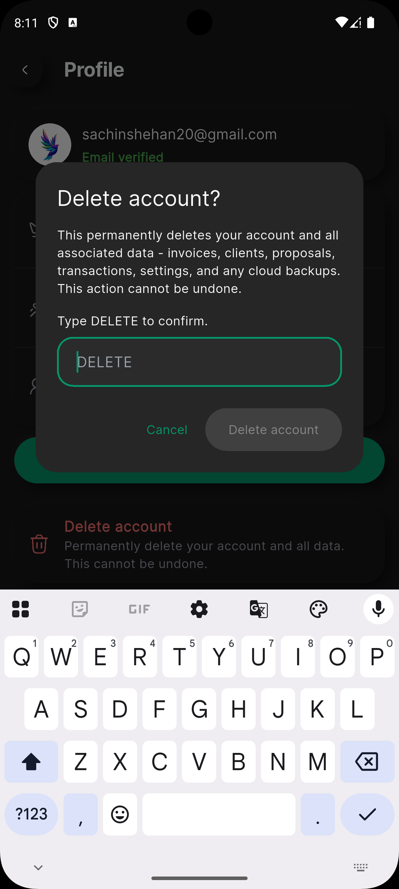 Delete account confirmation dialog with DELETE typed in field