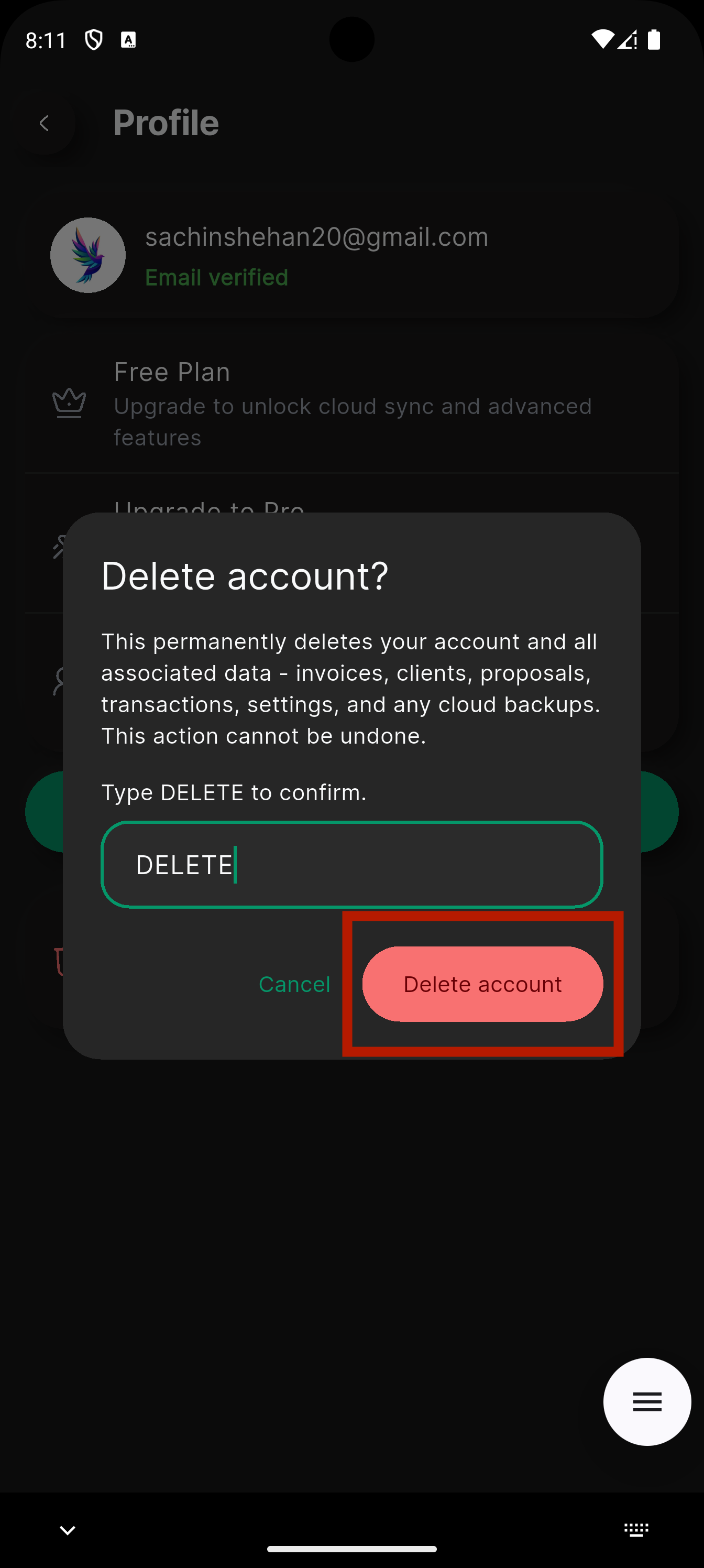 Delete account confirmation with Delete account button highlighted